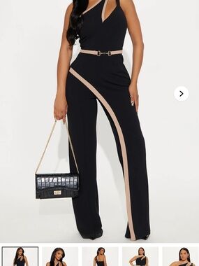Fashion Nova Black Jumpsuit with Tan Contrast Trim & Belt